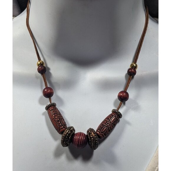 Bohemian Earthy Carved And Round Wood Beaded Necklace - Picture 4 of 6